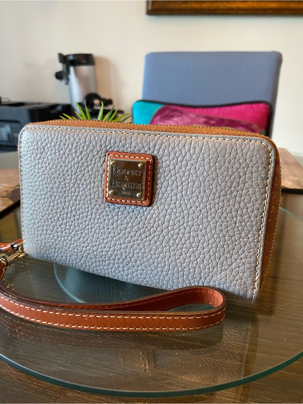 Dooney & Bourke Light Gray Pebbled Leather Wristlet with Tan Trim